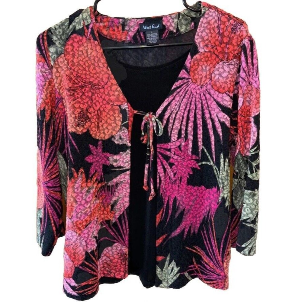 West End Women Faux Two Piece Top Floral Tie L 3/4 Sleeve Pullover Stretch